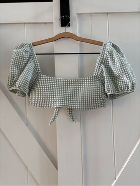 Cottagecore Gingham Sage Green Textured Puff Sleeve Tie-Back Crop Top